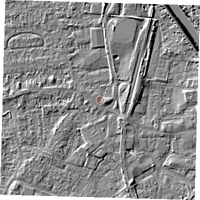 Shaded relief map of the ground around PE218EH, computed from Environment Agency LiDAR. The ground here sits at about 3 m above sea level and falls 6 m across the surrounding 800 m. The ground contributing surface water to this point lies to the south-south-west.