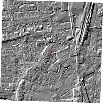 Shaded relief map of the ground around PE218EL, computed from Environment Agency LiDAR. The ground here sits at about 3 m above sea level and falls 6 m across the surrounding 800 m. Surface water reaching this point runs off ground lying to the west, 0.6 m higher.