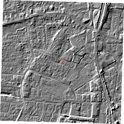Shaded relief map of the ground around PE218EP, computed from Environment Agency LiDAR. The ground here sits at about 3 m above sea level and falls 9 m across the surrounding 800 m. Surface water reaching this point runs off ground lying to the north-east, 1.7 m higher.