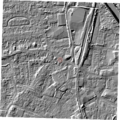 Shaded relief map of the ground around PE218EQ, computed from Environment Agency LiDAR. The ground here sits at about 3 m above sea level and falls 6 m across the surrounding 800 m. Surface water reaching this point runs off ground lying to the south-west, 0.8 m higher.