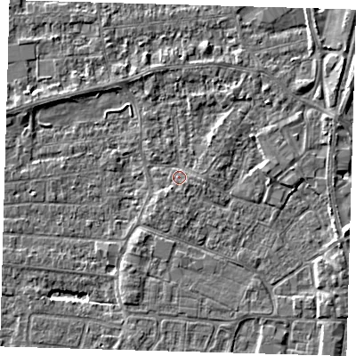 Shaded relief map of the ground around PE218ER, computed from Environment Agency LiDAR. The ground here sits at about 3 m above sea level and falls 6 m across the surrounding 800 m. Surface water reaching this point runs off ground lying to the south-south-west, 1.1 m higher.