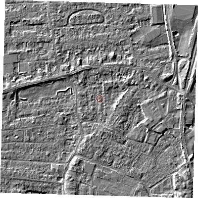 Shaded relief map of the ground around PE218ES, computed from Environment Agency LiDAR. The ground here sits at about 2 m above sea level and falls 6 m across the surrounding 800 m. Surface water reaching this point runs off ground lying to the east-north-east, 2.9 m higher.