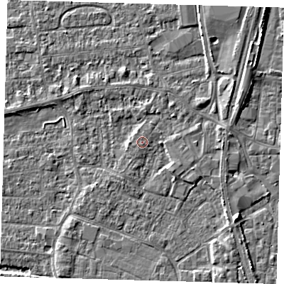 Shaded relief map of the ground around PE218ET, computed from Environment Agency LiDAR. The ground here sits at about 3 m above sea level and falls 6 m across the surrounding 800 m. The ground contributing surface water to this point lies to the south-east.