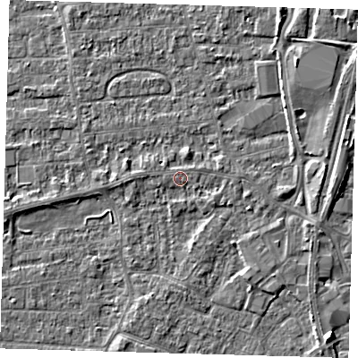 Shaded relief map of the ground around PE218EU, computed from Environment Agency LiDAR. The ground here sits at about 3 m above sea level and falls 5 m across the surrounding 800 m. Surface water reaching this point runs off ground lying to the north-north-west, 0.6 m higher.