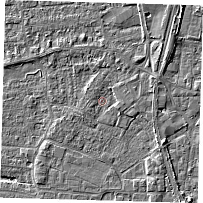 Shaded relief map of the ground around PE218EW, computed from Environment Agency LiDAR. The ground here sits at about 2 m above sea level and falls 6 m across the surrounding 800 m. Surface water reaching this point runs off ground lying to the east, 1.7 m higher.