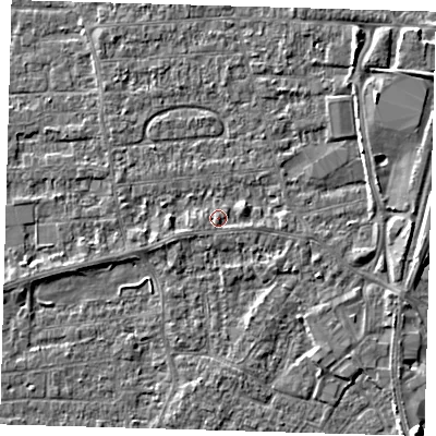 Shaded relief map of the ground around PE218EX, computed from Environment Agency LiDAR. The ground here sits at about 3 m above sea level and falls 5 m across the surrounding 800 m. Surface water reaching this point runs off ground lying to the east-north-east, 1.1 m higher.