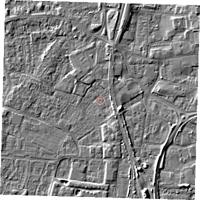 Shaded relief map of the ground around PE218EZ, computed from Environment Agency LiDAR. The ground here sits at about 3 m above sea level and falls 9 m across the surrounding 800 m. Surface water reaching this point runs off ground lying to the east-south-east, 3.7 m higher.