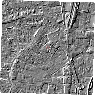 Shaded relief map of the ground around PE218FA, computed from Environment Agency LiDAR. The ground here sits at about 3 m above sea level and falls 7 m across the surrounding 800 m. Surface water reaching this point runs off ground lying to the north-east, 1.1 m higher.