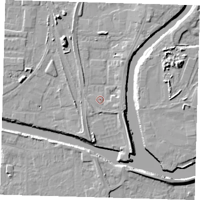 Shaded relief map of the ground around PE218FB, computed from Environment Agency LiDAR. The ground here sits at about 5 m above sea level and falls 11 m across the surrounding 800 m. Surface water reaching this point runs off ground lying to the east-south-east, 1.0 m higher.
