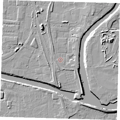 Shaded relief map of the ground around PE218FD, computed from Environment Agency LiDAR. The ground here sits at about 4 m above sea level and falls 11 m across the surrounding 800 m. Surface water reaching this point runs off ground lying to the east-south-east, 2.1 m higher.