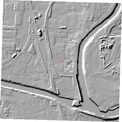Shaded relief map of the ground around PE218FE, computed from Environment Agency LiDAR. The ground here sits at about 4 m above sea level and falls 11 m across the surrounding 800 m. Surface water reaching this point runs off ground lying to the south-east, 2.6 m higher.