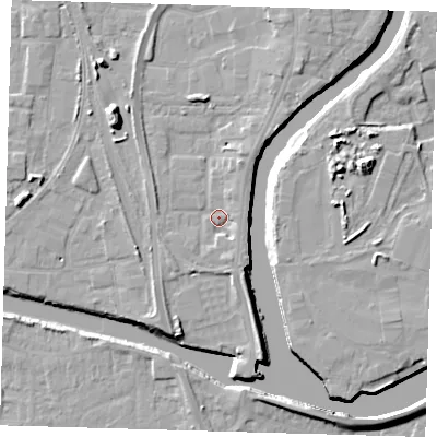 Shaded relief map of the ground around PE218FF, computed from Environment Agency LiDAR. The ground here sits at about 4 m above sea level and falls 11 m across the surrounding 800 m. Surface water reaching this point runs off ground lying to the south-south-east, 2.6 m higher.