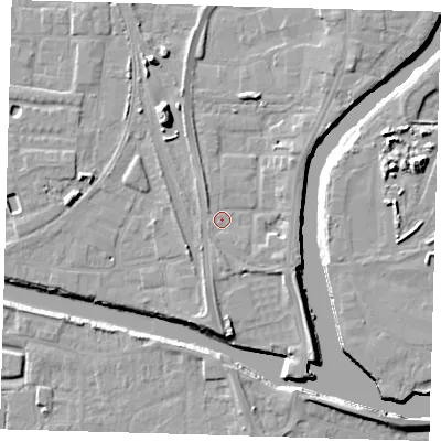 Shaded relief map of the ground around PE218FG, computed from Environment Agency LiDAR. The ground here sits at about 4 m above sea level and falls 11 m across the surrounding 800 m. Surface water reaching this point runs off ground lying to the north-west, 1.4 m higher.