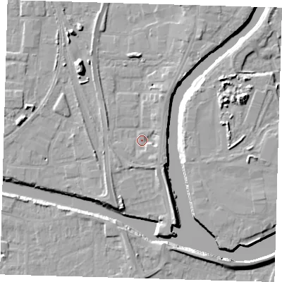 Shaded relief map of the ground around PE218FH, computed from Environment Agency LiDAR. The ground here sits at about 4 m above sea level and falls 11 m across the surrounding 800 m. Surface water reaching this point runs off ground lying to the south-east, 2.6 m higher.