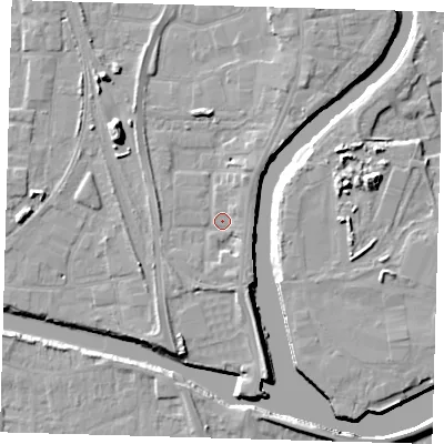 Shaded relief map of the ground around PE218FJ, computed from Environment Agency LiDAR. The ground here sits at about 4 m above sea level and falls 11 m across the surrounding 800 m. Surface water reaching this point runs off ground lying to the south-south-east, 2.6 m higher.