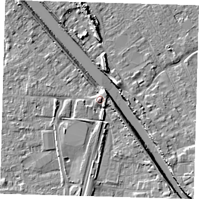 Shaded relief map of the ground around PE218FL, computed from Environment Agency LiDAR. The ground here sits at about 5 m above sea level and falls 8 m across the surrounding 800 m. Surface water reaching this point runs off ground lying to the north-east, 2.7 m higher.