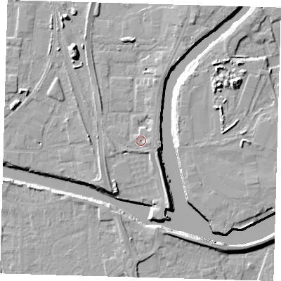 Shaded relief map of the ground around PE218FN, computed from Environment Agency LiDAR. The ground here sits at about 5 m above sea level and falls 11 m across the surrounding 800 m. Surface water reaching this point runs off ground lying to the east-south-east, 1.5 m higher.