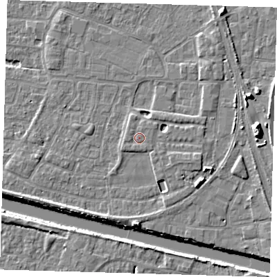 Shaded relief map of the ground around PE218FP, computed from Environment Agency LiDAR. The ground here sits at about 4 m above sea level and falls 11 m across the surrounding 800 m. Surface water reaching this point runs off ground lying to the north-east, 0.6 m higher.