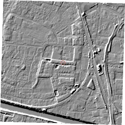 Shaded relief map of the ground around PE218FR, computed from Environment Agency LiDAR. The ground here sits at about 4 m above sea level and falls 11 m across the surrounding 800 m. Surface water reaching this point runs off ground lying to the east, 9.0 m higher.