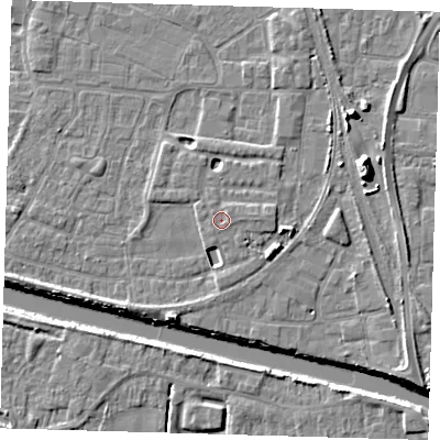 Shaded relief map of the ground around PE218FS, computed from Environment Agency LiDAR. The ground here sits at about 4 m above sea level and falls 11 m across the surrounding 800 m. Surface water reaching this point runs off ground lying to the east, 0.9 m higher.