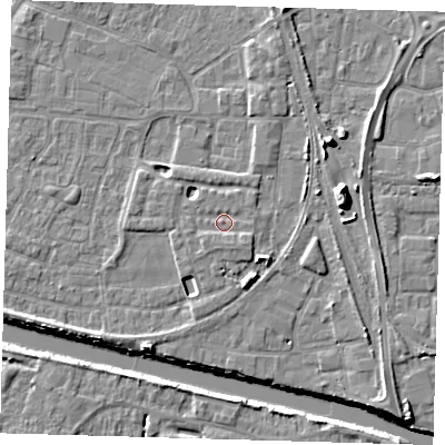 Shaded relief map of the ground around PE218FT, computed from Environment Agency LiDAR. The ground here sits at about 4 m above sea level and falls 11 m across the surrounding 800 m. Surface water reaching this point runs off ground lying to the south-south-east, 1.4 m higher.