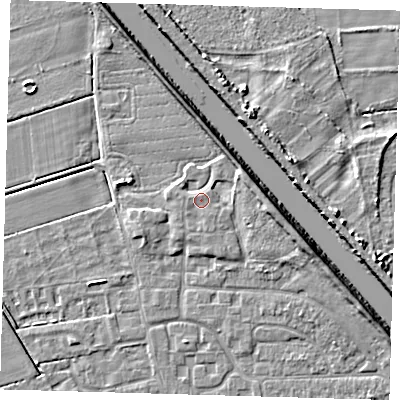 Shaded relief map of the ground around PE218FU, computed from Environment Agency LiDAR. The ground here sits at about 4 m above sea level and falls 7 m across the surrounding 800 m. Surface water reaching this point runs off ground lying to the east-north-east, 4.1 m higher.