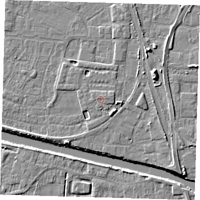 Shaded relief map of the ground around PE218FW, computed from Environment Agency LiDAR. The ground here sits at about 4 m above sea level and falls 11 m across the surrounding 800 m. Surface water reaching this point runs off ground lying to the east-north-east, 0.8 m higher.