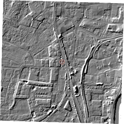 Shaded relief map of the ground around PE218FX, computed from Environment Agency LiDAR. The ground here sits at about 4 m above sea level and falls 11 m across the surrounding 800 m. Surface water reaching this point runs off ground lying to the west, 1.1 m higher.