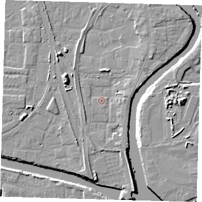 Shaded relief map of the ground around PE218GA, computed from Environment Agency LiDAR. The ground here sits at about 4 m above sea level and falls 11 m across the surrounding 800 m. Surface water reaching this point runs off ground lying to the east, 3.4 m higher.