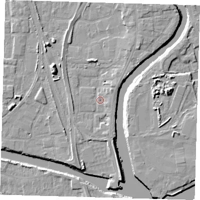 Shaded relief map of the ground around PE218GB, computed from Environment Agency LiDAR. The ground here sits at about 4 m above sea level and falls 11 m across the surrounding 800 m. Surface water reaching this point runs off ground lying to the south-south-east, 2.6 m higher.