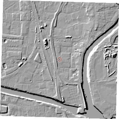 Shaded relief map of the ground around PE218GD, computed from Environment Agency LiDAR. The ground here sits at about 4 m above sea level and falls 11 m across the surrounding 800 m. Surface water reaching this point runs off ground lying to the south-west, 0.5 m higher.
