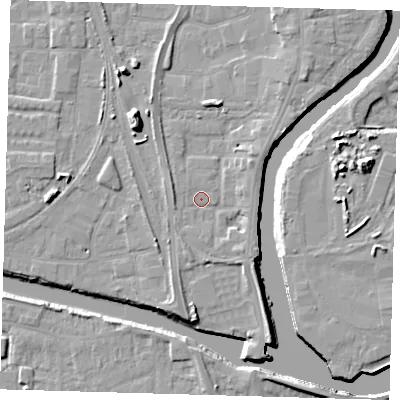 Shaded relief map of the ground around PE218GE, computed from Environment Agency LiDAR. The ground here sits at about 4 m above sea level and falls 11 m across the surrounding 800 m. Surface water reaching this point runs off ground lying to the south-east, 2.6 m higher.