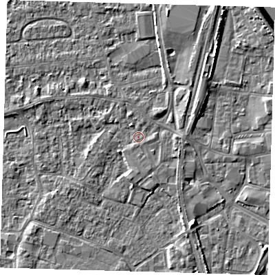 Shaded relief map of the ground around PE218GG, computed from Environment Agency LiDAR. The ground here sits at about 3 m above sea level and falls 6 m across the surrounding 800 m. Surface water reaching this point runs off ground lying to the north-east, 2.7 m higher.