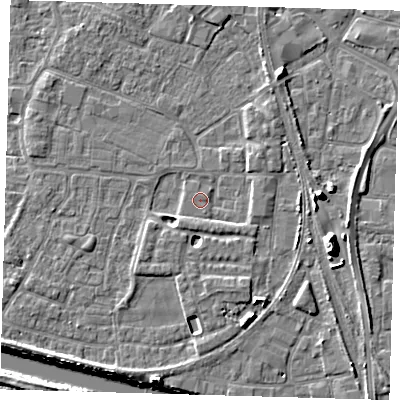Shaded relief map of the ground around PE218GH, computed from Environment Agency LiDAR. The ground here sits at about 3 m above sea level and falls 11 m across the surrounding 800 m. Surface water reaching this point runs off ground lying to the east-south-east, 1.6 m higher.