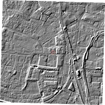 Shaded relief map of the ground around PE218GJ, computed from Environment Agency LiDAR. The ground here sits at about 3 m above sea level and falls 9 m across the surrounding 800 m. Surface water reaching this point runs off ground lying to the east-north-east, 1.8 m higher.