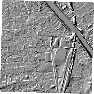 Shaded relief map of the ground around PE218GY, computed from Environment Agency LiDAR. The ground here sits at about 3 m above sea level and falls 7 m across the surrounding 800 m. Surface water reaching this point runs off ground lying to the south-east, 2.4 m higher.