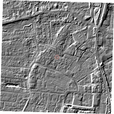 Shaded relief map of the ground around PE218HA, computed from Environment Agency LiDAR. The ground here sits at about 2 m above sea level and falls 6 m across the surrounding 800 m. Surface water reaching this point runs off ground lying to the west, 0.9 m higher.