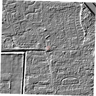 Shaded relief map of the ground around PE218HB, computed from Environment Agency LiDAR. The ground here sits at about 3 m above sea level and falls 6 m across the surrounding 800 m. Surface water reaching this point runs off ground lying to the north, 1.5 m higher.