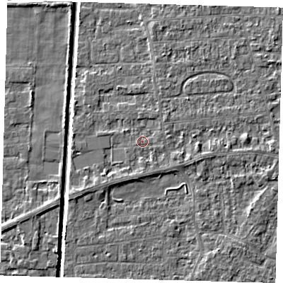 Shaded relief map of the ground around PE218HE, computed from Environment Agency LiDAR. The ground here sits at about 2 m above sea level and falls 4 m across the surrounding 800 m. Surface water reaching this point runs off ground lying to the east, 1.8 m higher.