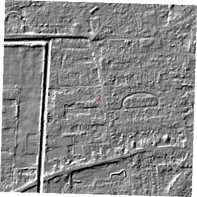 Shaded relief map of the ground around PE218HF, computed from Environment Agency LiDAR. The ground here sits at about 2 m above sea level and falls 4 m across the surrounding 800 m. Surface water reaching this point runs off ground lying to the east-south-east, 0.8 m higher.