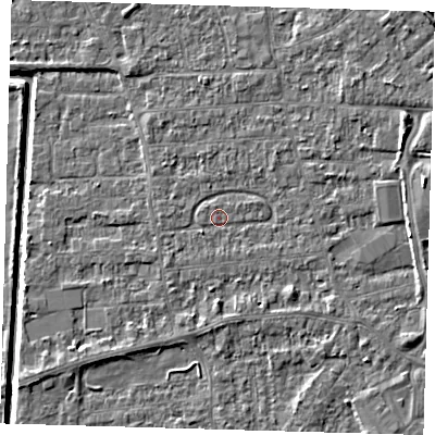 Shaded relief map of the ground around PE218HG, computed from Environment Agency LiDAR. The ground here sits at about 3 m above sea level and falls 6 m across the surrounding 800 m. Surface water reaching this point runs off ground lying to the east, 2.3 m higher.
