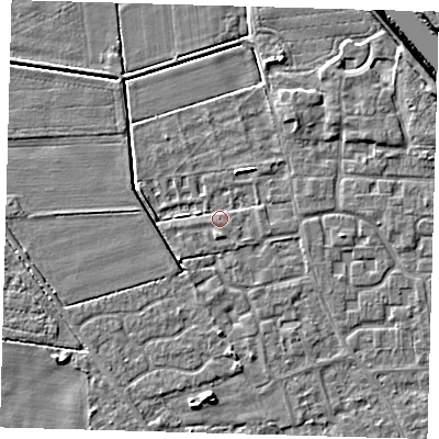 Shaded relief map of the ground around PE218HH, computed from Environment Agency LiDAR. The ground here sits at about 2 m above sea level and falls 7 m across the surrounding 800 m. Surface water reaching this point runs off ground lying to the north-north-east, 1.6 m higher.