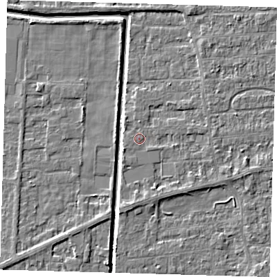Shaded relief map of the ground around PE218HL, computed from Environment Agency LiDAR. The ground here sits at about 2 m above sea level and falls 4 m across the surrounding 800 m. Surface water reaching this point runs off ground lying to the east-south-east, 1.5 m higher.