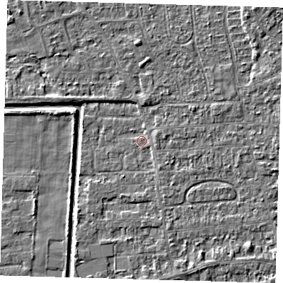 Shaded relief map of the ground around PE218HN, computed from Environment Agency LiDAR. The ground here sits at about 2 m above sea level and falls 5 m across the surrounding 800 m. Surface water reaching this point runs off ground lying to the east-north-east, 1.4 m higher.