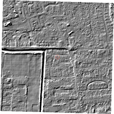 Shaded relief map of the ground around PE218HP, computed from Environment Agency LiDAR. The ground here sits at about 2 m above sea level and falls 4 m across the surrounding 800 m. Surface water reaching this point runs off ground lying to the east, 1.9 m higher.