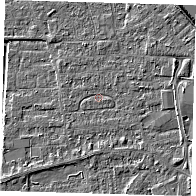 Shaded relief map of the ground around PE218HQ, computed from Environment Agency LiDAR. The ground here sits at about 2 m above sea level and falls 6 m across the surrounding 800 m. Surface water reaching this point runs off ground lying to the east-south-east, 2.3 m higher.