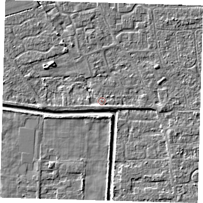 Shaded relief map of the ground around PE218HT, computed from Environment Agency LiDAR. The ground here sits at about 2 m above sea level and falls 4 m across the surrounding 800 m. Surface water reaching this point runs off ground lying to the east-north-east, 1.7 m higher.