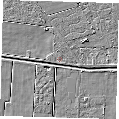 Shaded relief map of the ground around PE218HX, computed from Environment Agency LiDAR. The ground here sits at about 2 m above sea level and falls 4 m across the surrounding 800 m. Surface water reaching this point runs off ground lying to the east-south-east, 1.5 m higher.