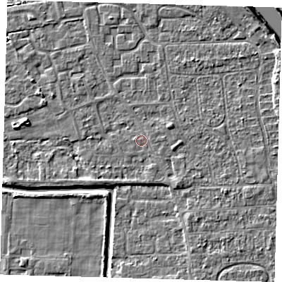 Shaded relief map of the ground around PE218HY, computed from Environment Agency LiDAR. The ground here sits at about 2 m above sea level and falls 6 m across the surrounding 800 m. Surface water reaching this point runs off ground lying to the north-east, 4.4 m higher.