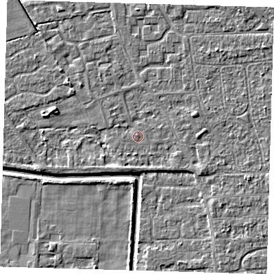 Shaded relief map of the ground around PE218HZ, computed from Environment Agency LiDAR. The ground here sits at about 2 m above sea level and falls 5 m across the surrounding 800 m. The ground contributing surface water to this point lies to the north.